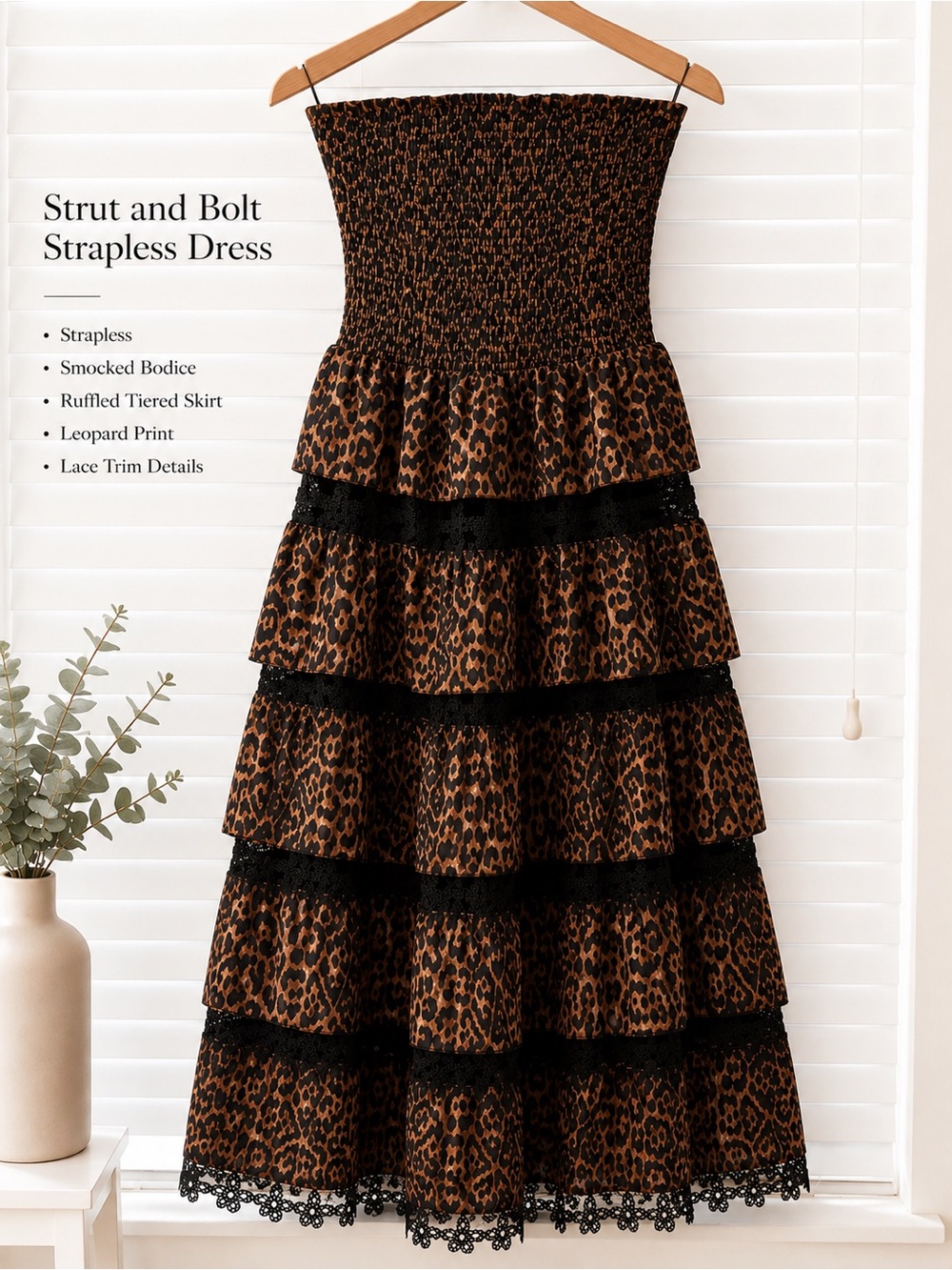Strut & Bolt Leopard Print Strapless Tiered Dress - Brown & Black